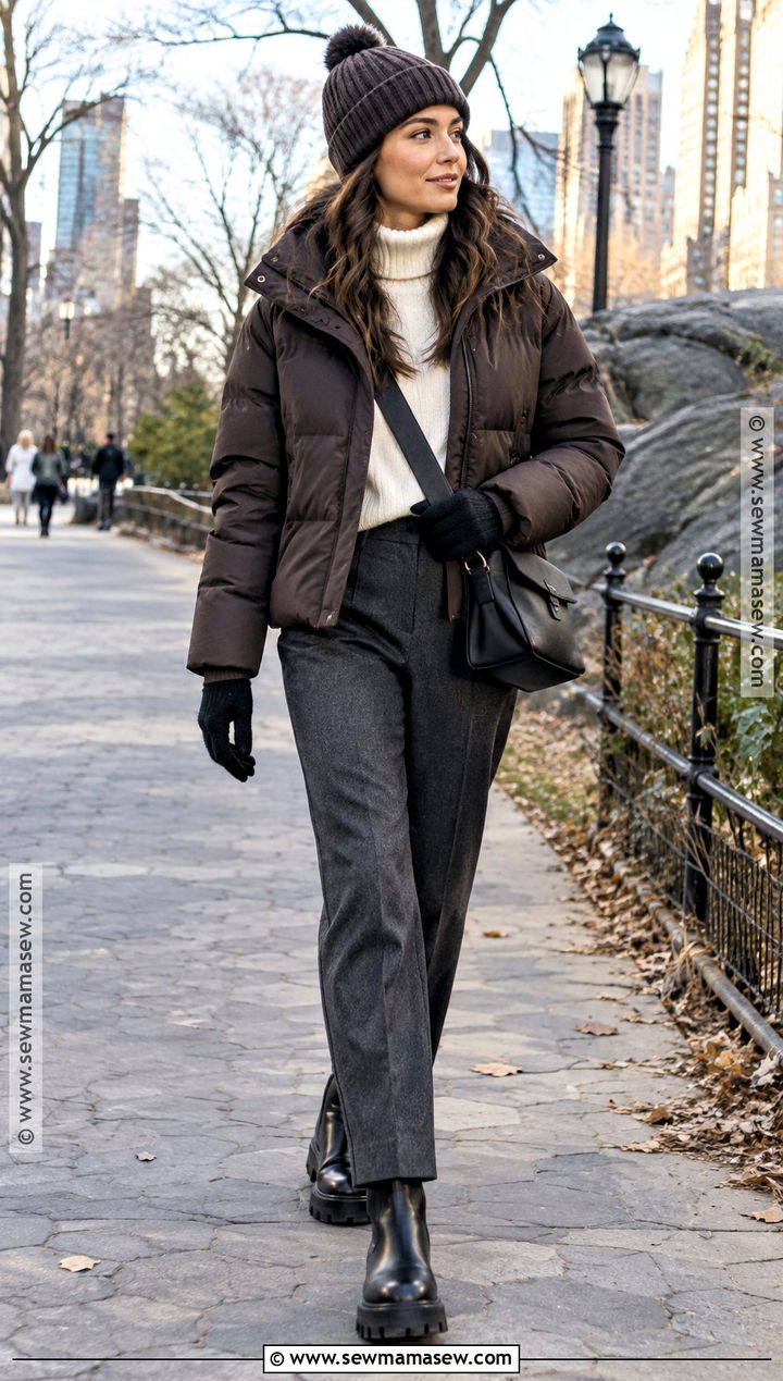 NYC Late Fall Puffer And Trousers Outfit - 25 fall outfits nyc