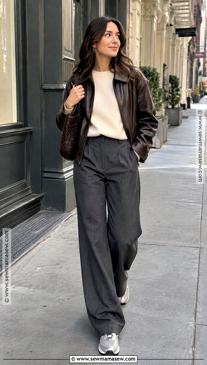 NYC Leather Jacket Outfit With Wide Leg Pants - 15 Nyc Tourist Outfit Fall Ideas