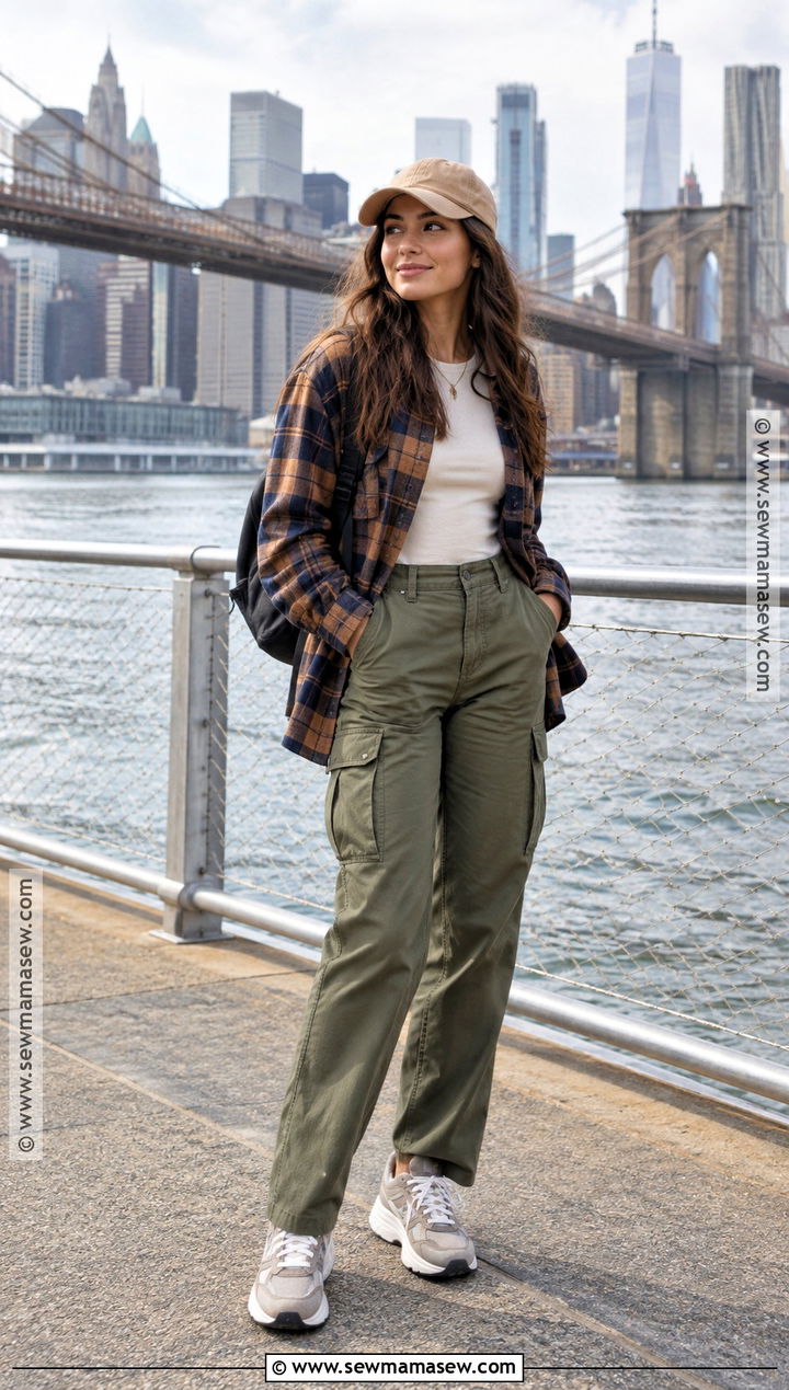 NYC Plaid Overshirt Outfit With T Shirt And Cargo Pants - 15 Nyc Tourist Outfit Fall Ideas