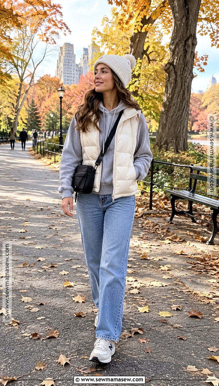 NYC Puffer Vest Outfit With Hoodie And Jeans - 15 Nyc Tourist Outfit Fall Ideas