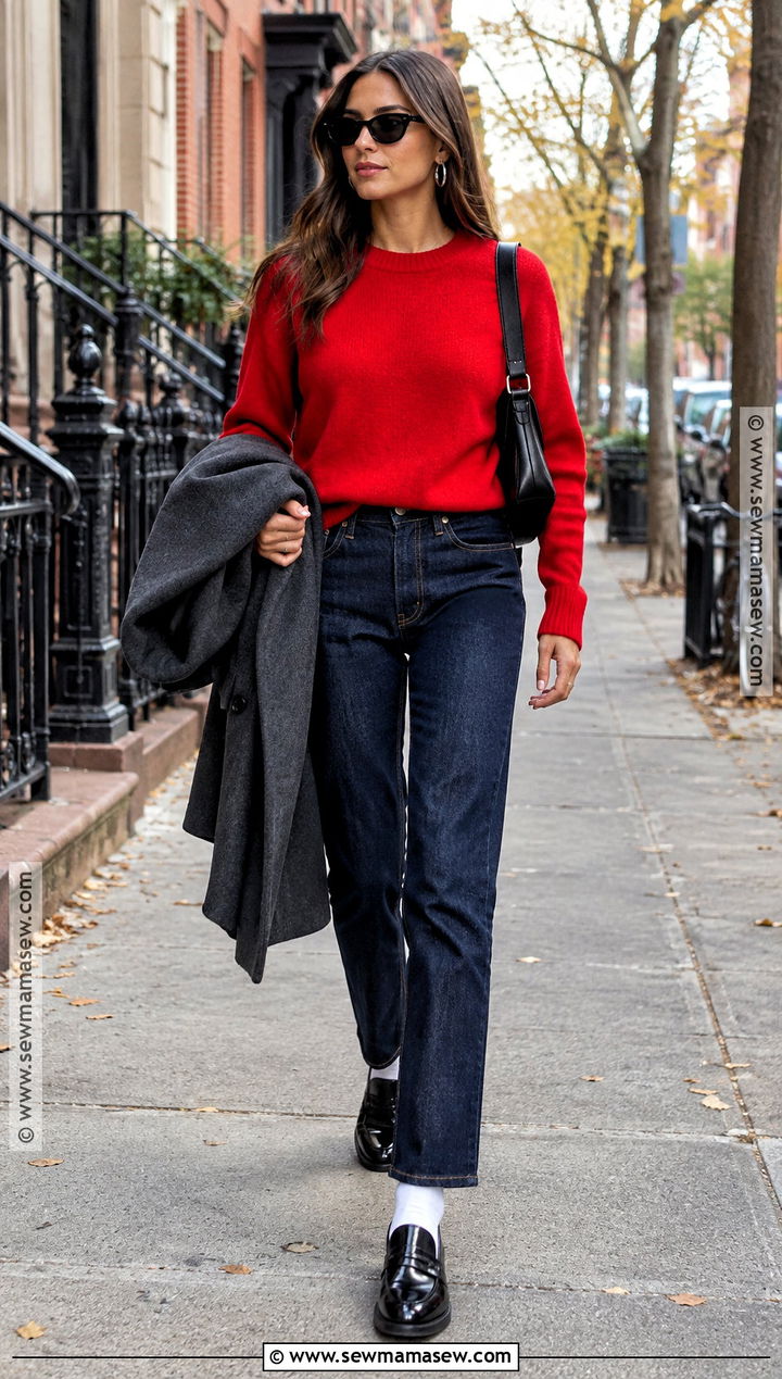NYC Red Sweater Outfit With Dark Jeans - 15 fall nyc street style ideas 2026
