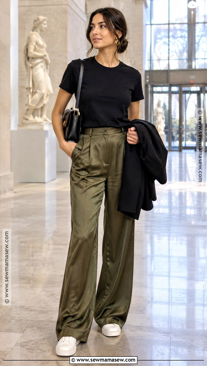 NYC September Black Tee And Silk Pants Outfit - 25 nyc september outfit ideas