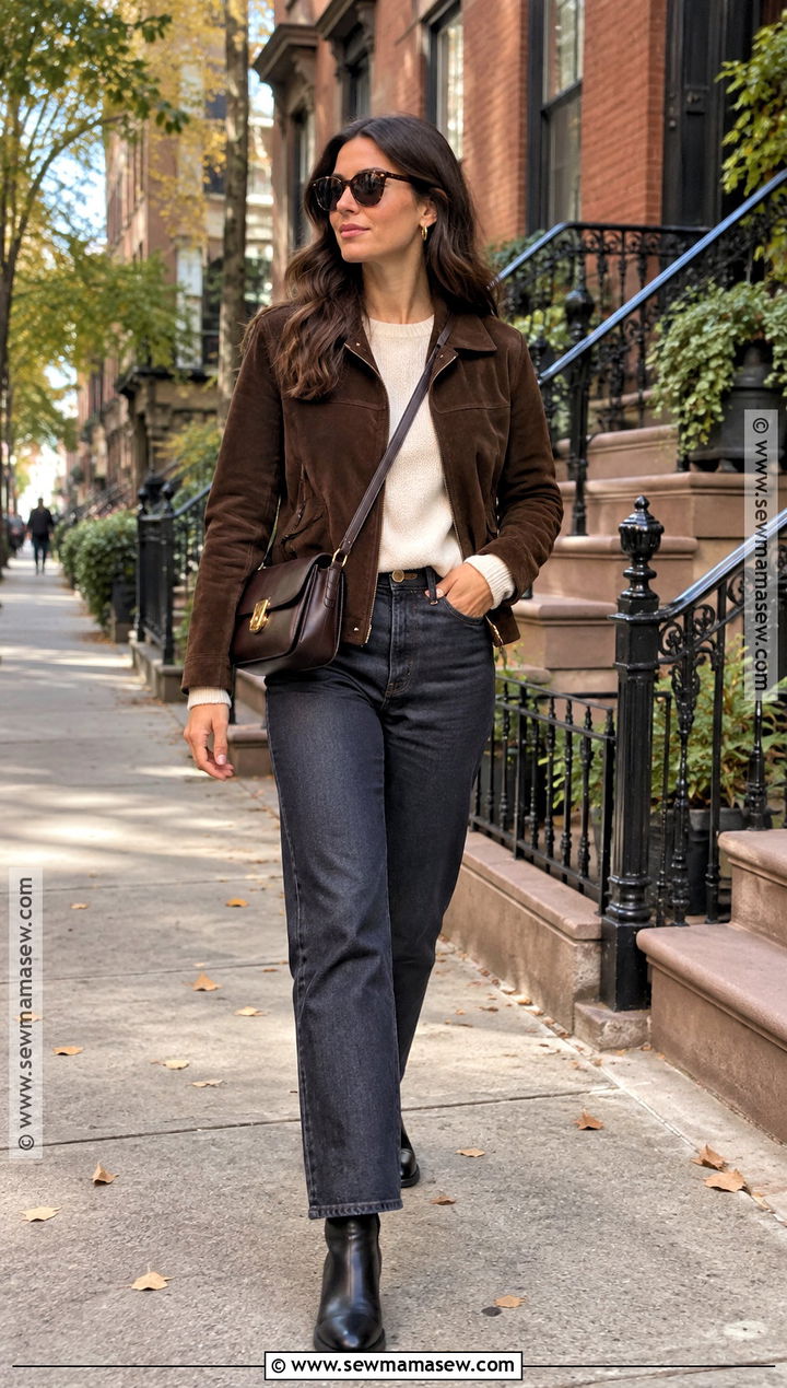 NYC Suede Jacket Outfit With Dark Denim And Boots - 15 Nyc Tourist Outfit Fall Ideas