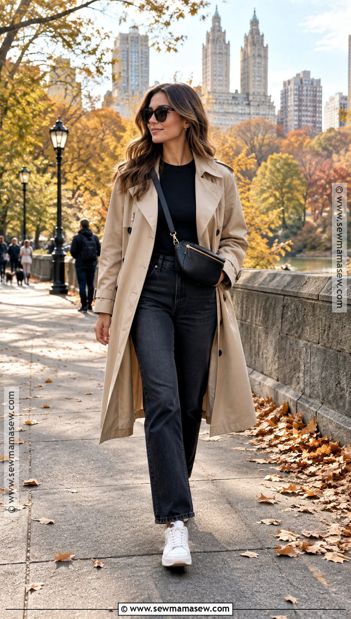 NYC Trench Coat Outfit With Jeans And Sneakers - 15 Nyc Tourist Outfit Fall Ideas