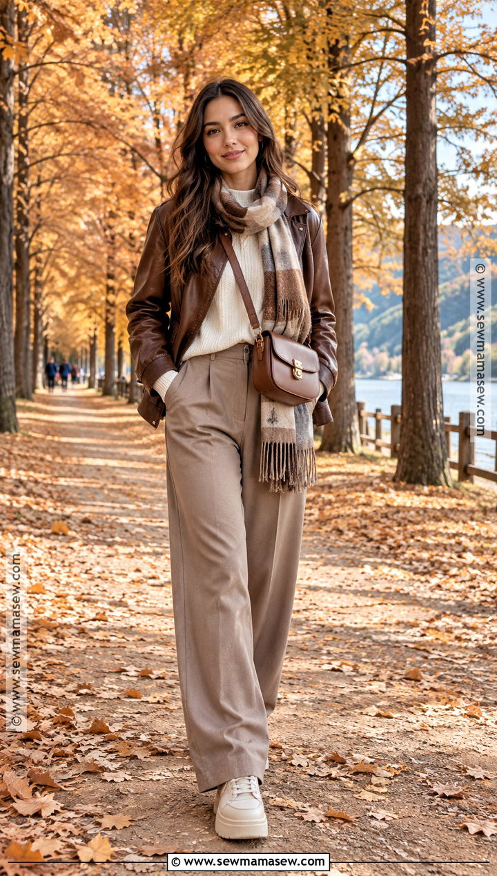 Nami Island Brown Leather Jacket And Wide Leg Pants Outfit - 20 Nami Island Autumn Outfit Ideas