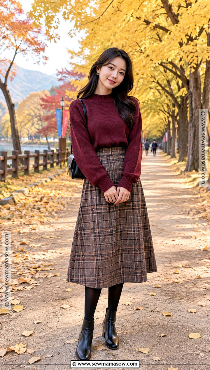Nami Island Burgundy Sweater And Plaid Skirt Outfit - 20 Nami Island Autumn Outfit Ideas