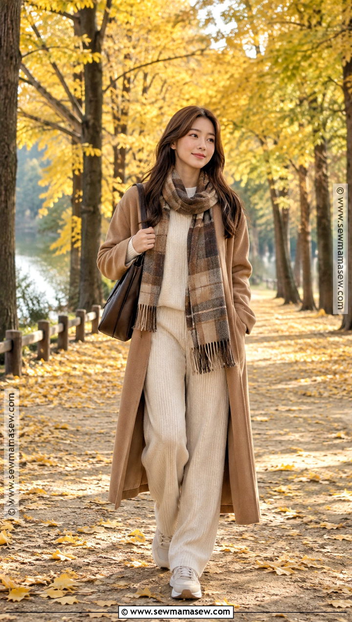 Nami Island Camel Coat And Knit Set Outfit - 20 Nami Island Autumn Outfit Ideas