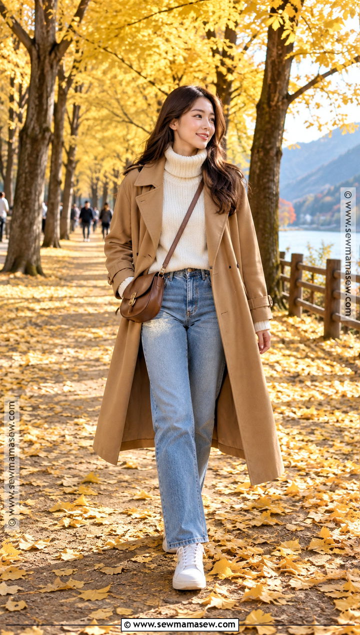 Nami Island Cream Sweater And Camel Trench Outfit - 20 Nami Island Autumn Outfit Ideas