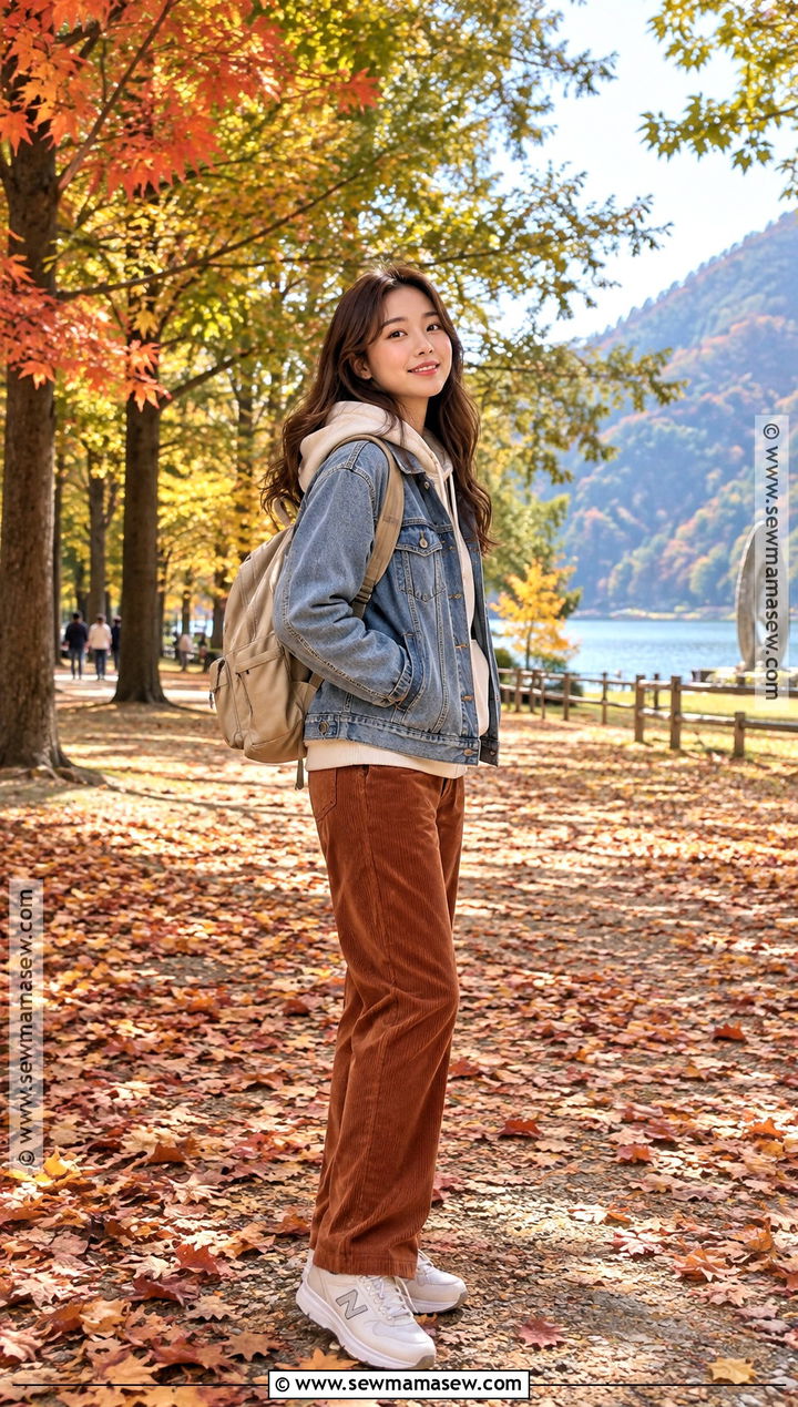 Nami Island Denim Jacket And Corduroy Pants Outfit - 20 Nami Island Autumn Outfit Ideas