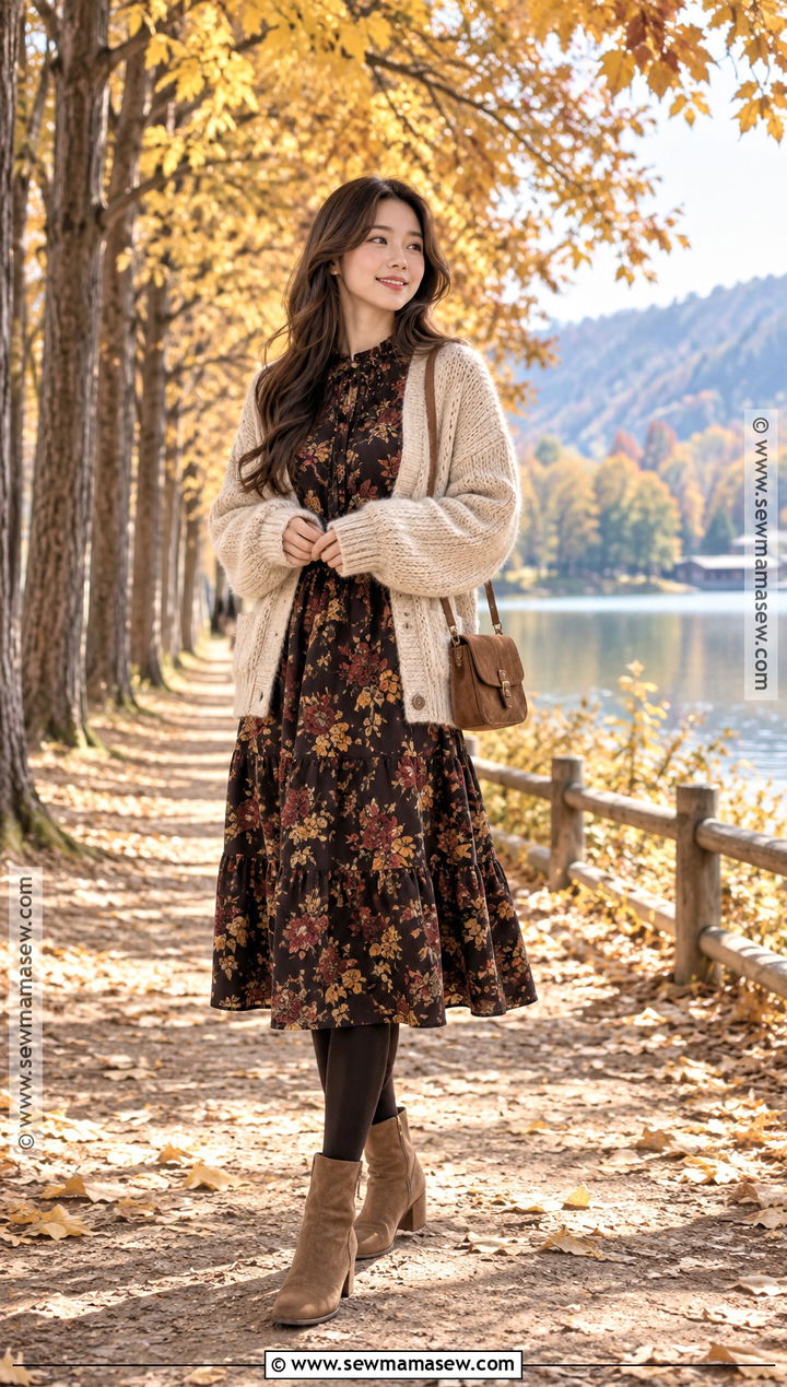 Nami Island Floral Dress And Oatmeal Cardigan Outfit - 20 Nami Island Autumn Outfit Ideas