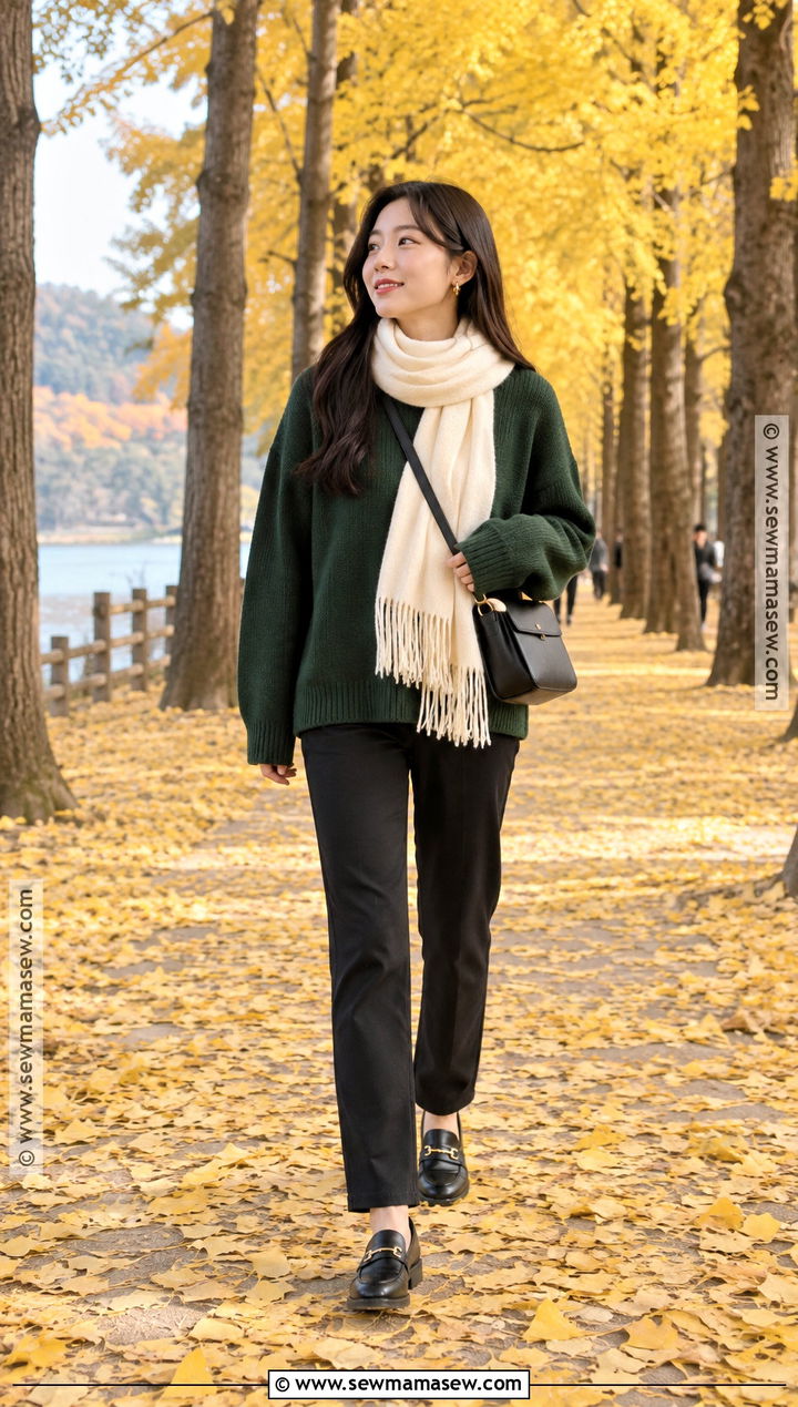 Nami Island Forest Green Sweater And Black Pants Outfit - 20 Nami Island Autumn Outfit Ideas