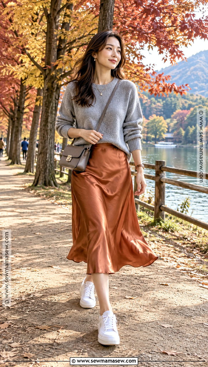 Nami Island Gray Sweater And Satin Skirt Outfit - 20 Nami Island Autumn Outfit Ideas