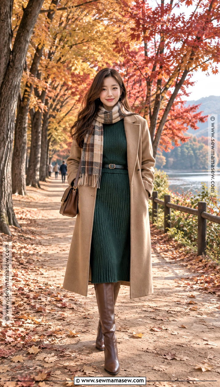Nami Island Knit Dress And Long Coat Outfit - 20 Nami Island Autumn Outfit Ideas