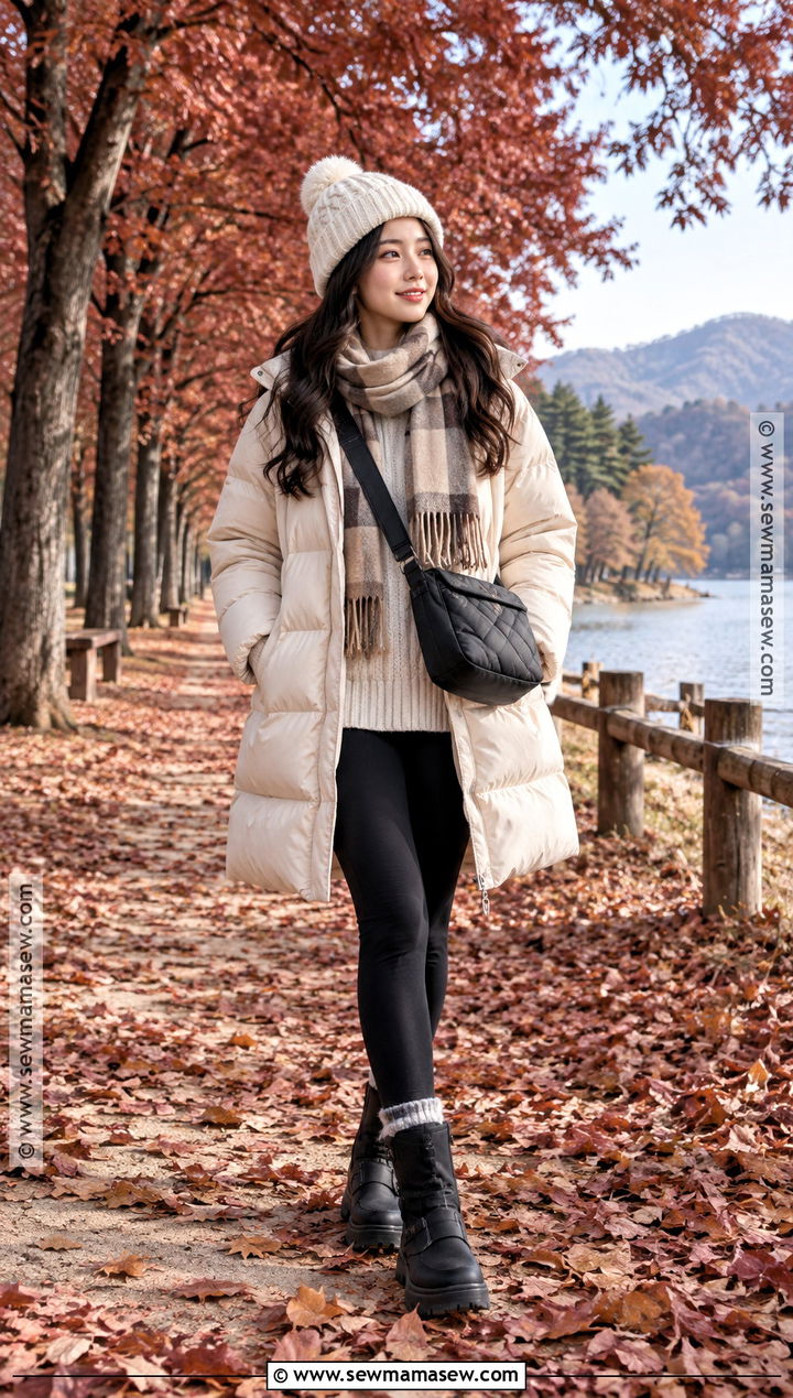 Nami Island Long Puffer And Leggings Outfit - 20 Nami Island Autumn Outfit Ideas