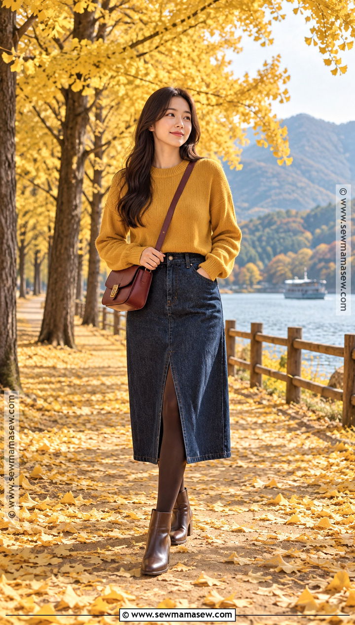 Nami Island Mustard Sweater And Denim Midi Skirt Outfit - 20 Nami Island Autumn Outfit Ideas