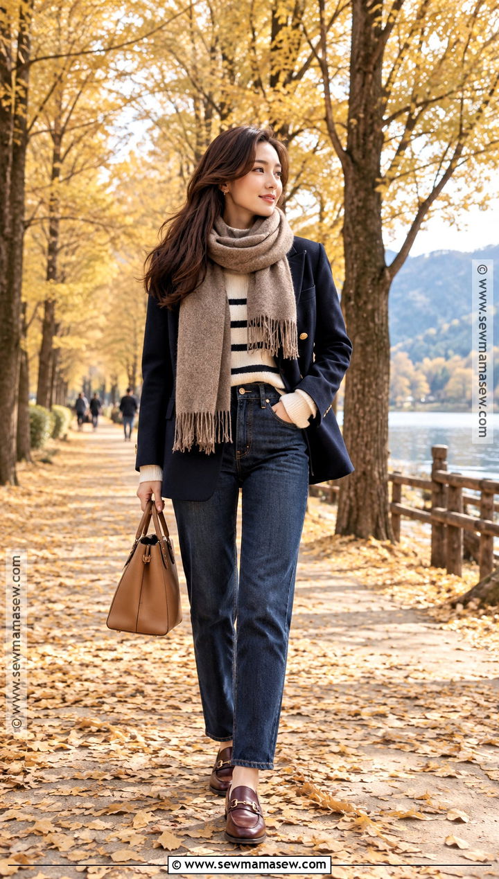 Nami Island Navy Blazer And Striped Sweater Outfit - 20 Nami Island Autumn Outfit Ideas