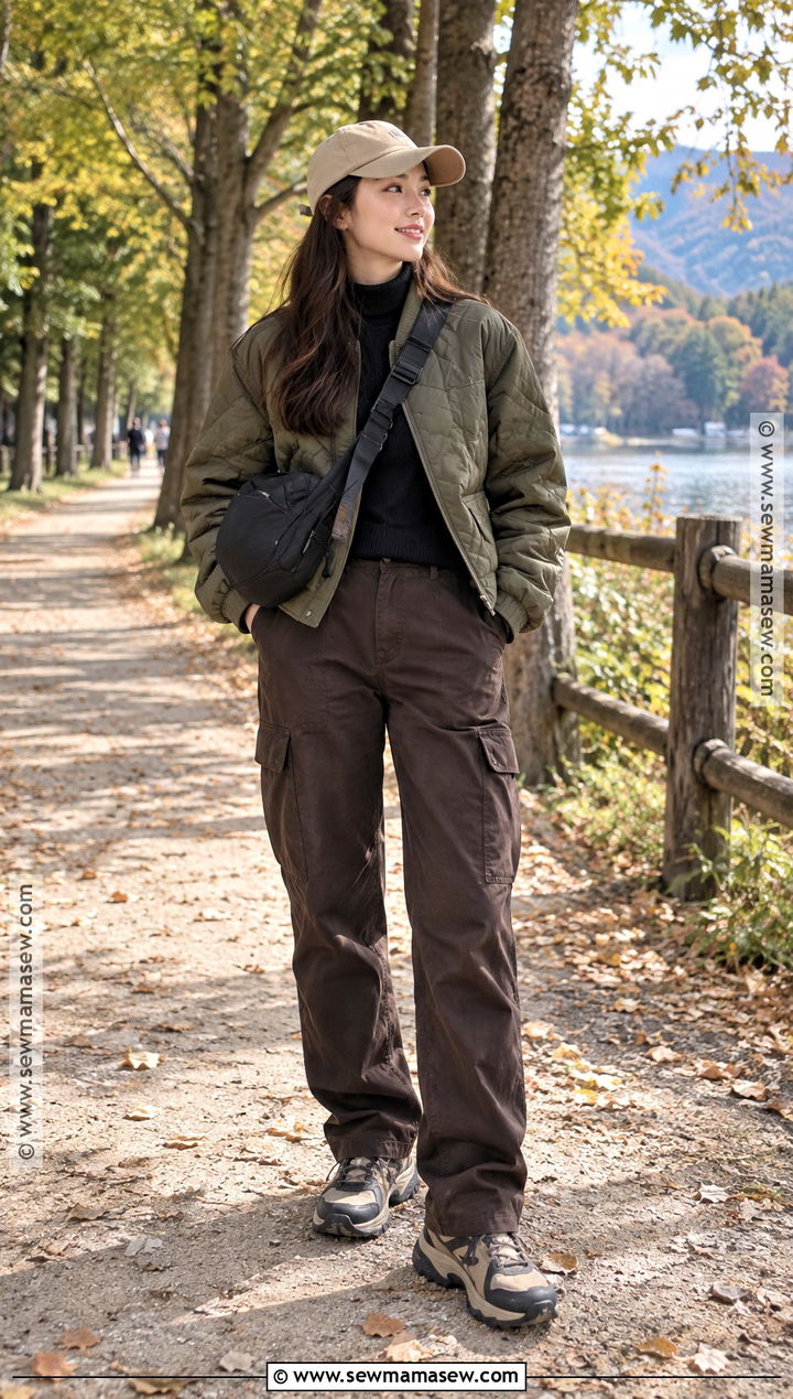 Nami Island Quilted Jacket And Cargo Pants Outfit - 20 Nami Island Autumn Outfit Ideas