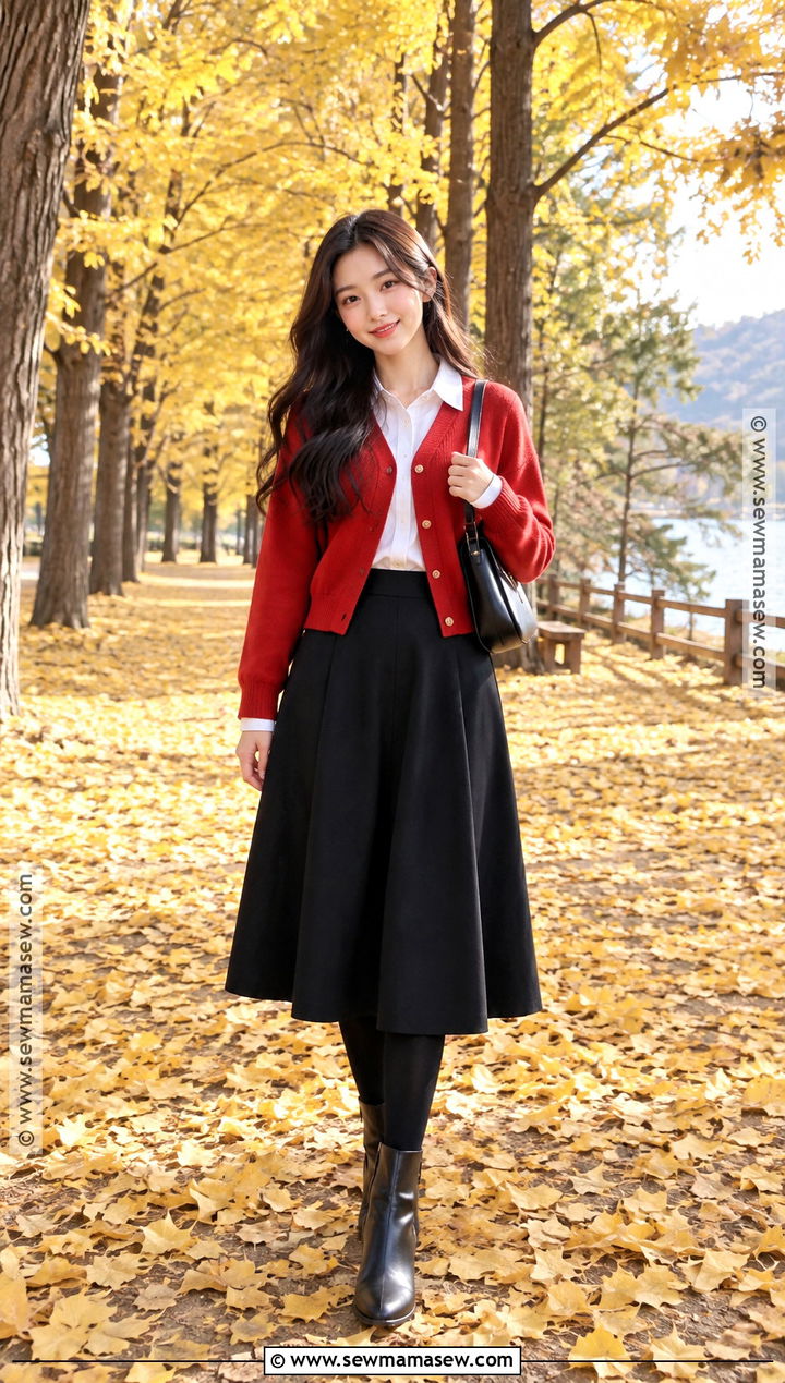 Nami Island Red Cardigan And Black Skirt Outfit - 20 Nami Island Autumn Outfit Ideas