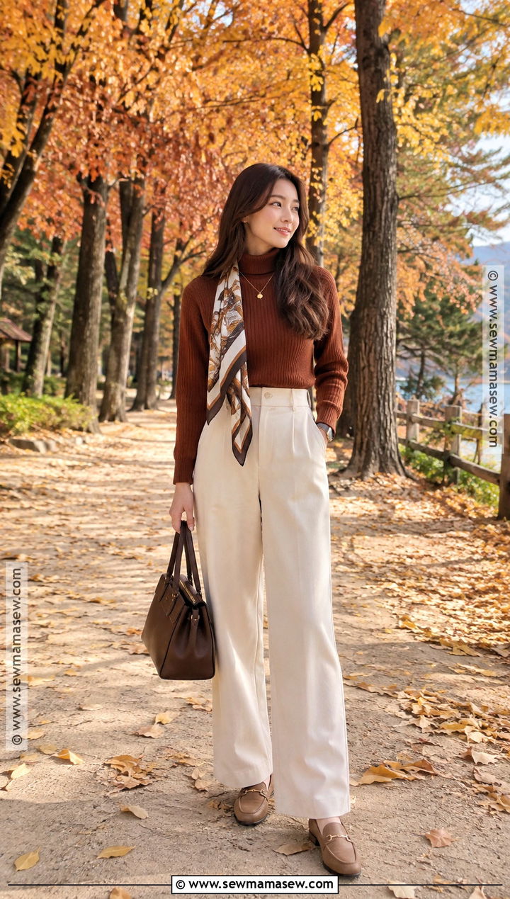 Nami Island Rust Sweater And Cream Pants Outfit - 20 Nami Island Autumn Outfit Ideas