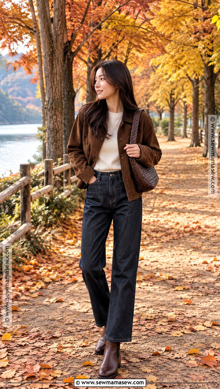 Nami Island Suede Jacket And Dark Jeans Outfit - 20 Nami Island Autumn Outfit Ideas