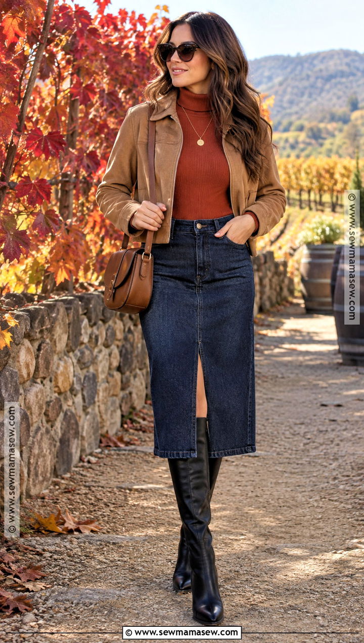 Napa Fall Denim Midi Skirt And Turtleneck Outfit - 20 Napa Outfit Fall Ideas