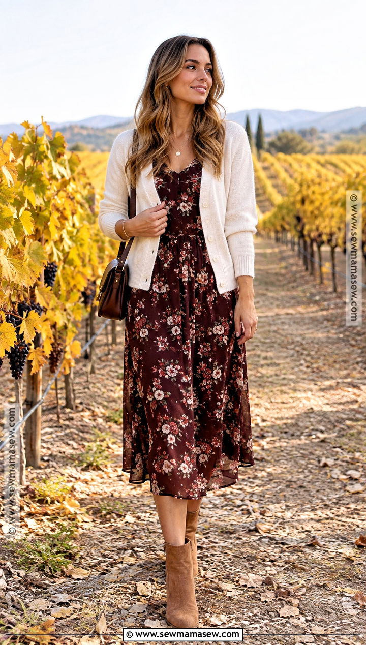 Napa Fall Floral Midi Dress And Cardigan Outfit - 20 Napa Outfit Fall Ideas