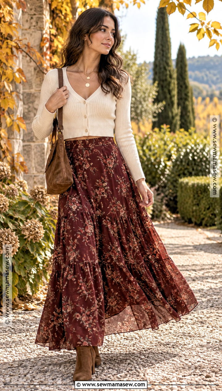 Napa Fall Maxi Skirt And Cropped Cardigan Outfit - 20 Napa Outfit Fall Ideas