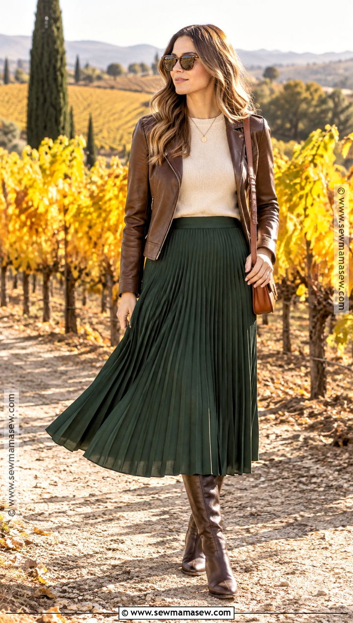 Napa Fall Midi Skirt With Leather Jacket - 20 napa valley outfit fall wine tasting ideas