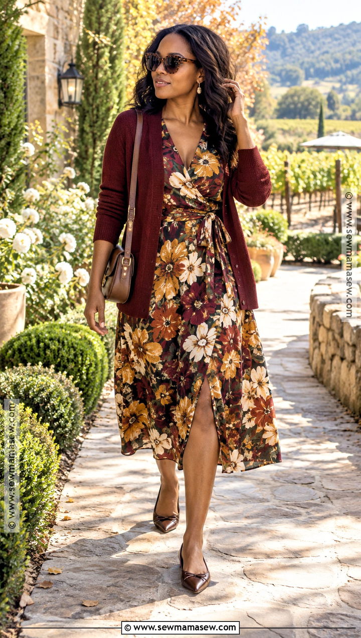 Napa Valley Fall Floral Midi Dress And Cardigan Outfit - 15 Napa Valley Outfit Fall Ideas for Black Women