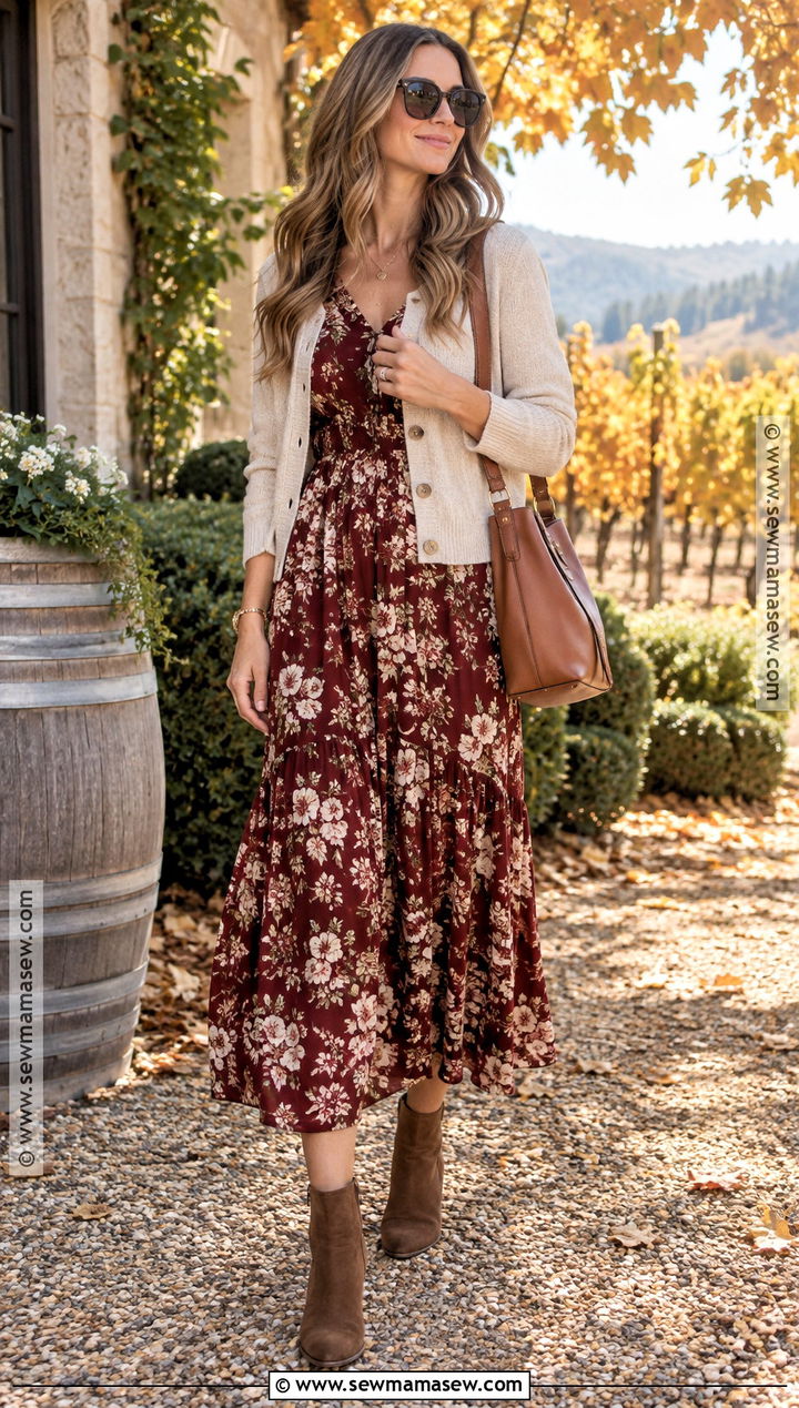 Napa Valley Fall Floral Midi Dress Outfit - 25 napa valley outfit fall ideas