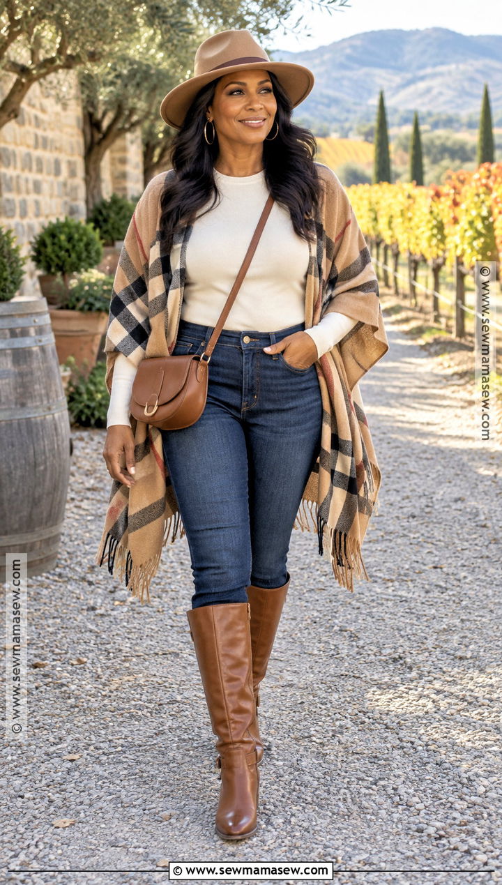Napa Valley Fall Poncho And Straight Leg Jeans Outfit - 15 Napa Valley Outfit Fall Ideas for Black Women