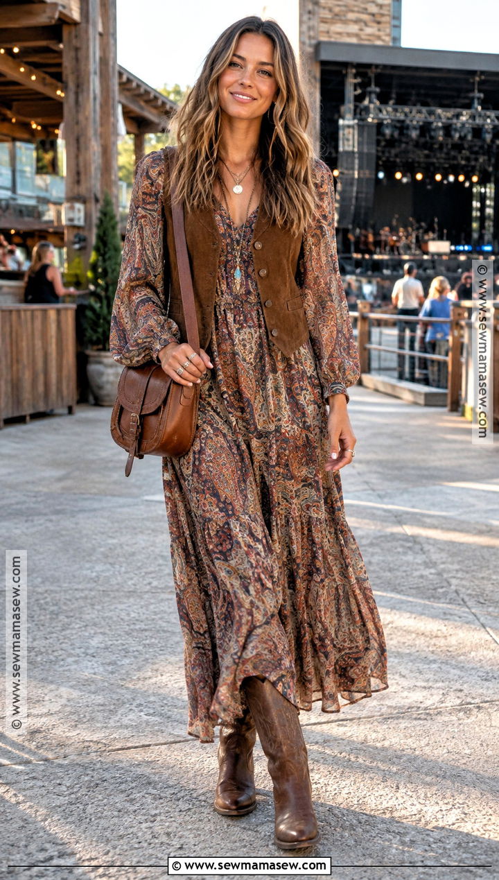 Nashville Boho Maxi Dress With Suede Vest - 25 nashville fall outfits