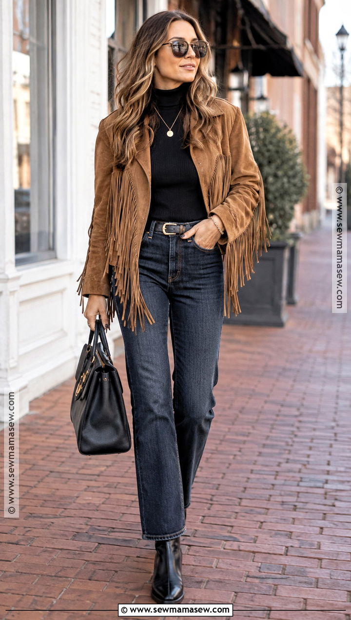 Nashville Fringe Jacket And Straight Leg Jeans Outfit - 20 Outfits For Nashville Trip Fall