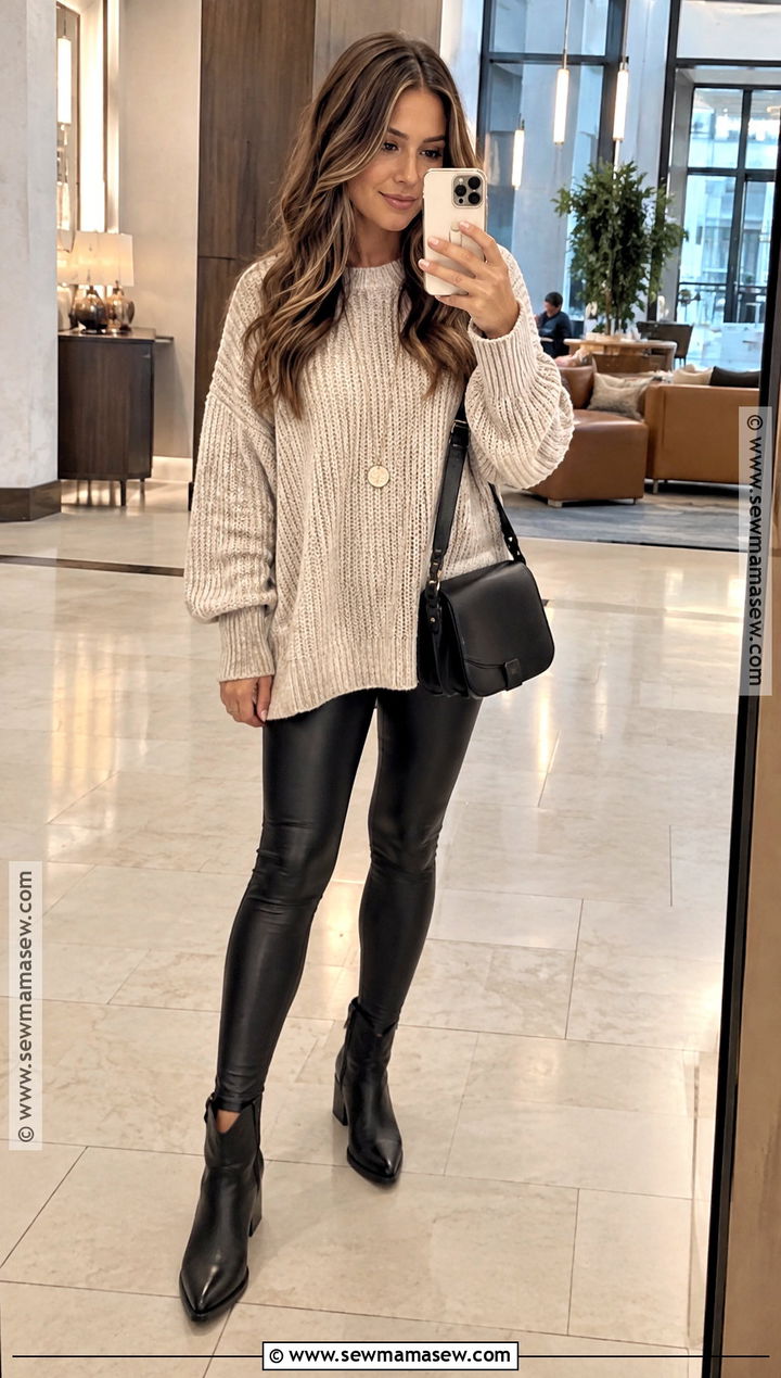Nashville Oversized Sweater And Faux Leather Leggings Outfit - 20 Outfits For Nashville Trip Fall