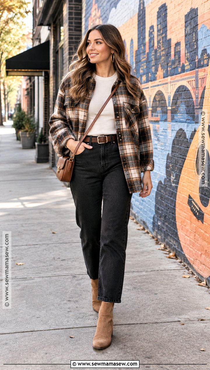 Nashville Plaid Shacket And Black Jeans Outfit - 20 Outfits For Nashville Trip Fall