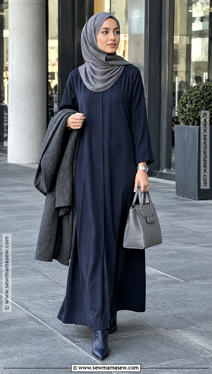 Navy Abaya With Gray Autumn Layers - 15 autumn abaya outfits