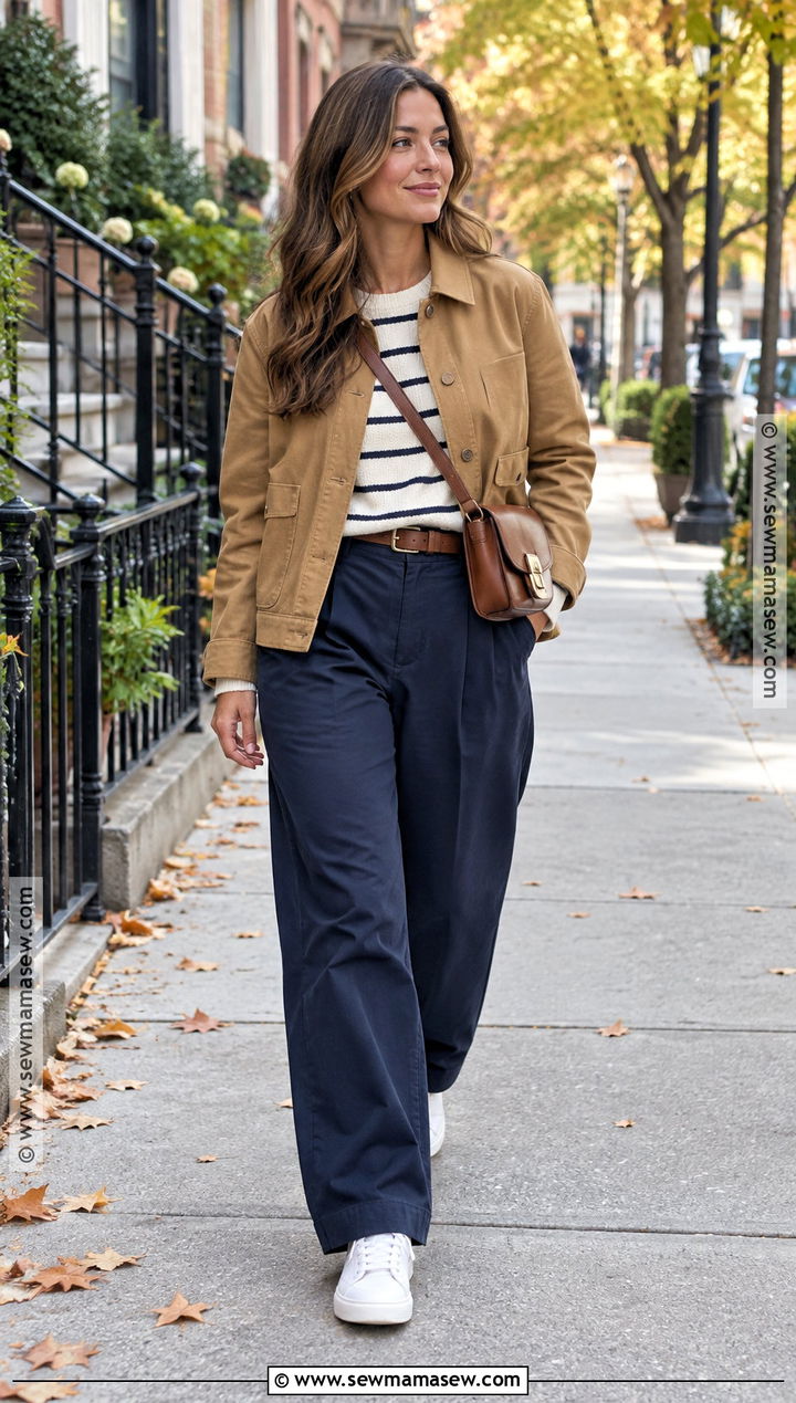 Navy Baggy Pants With Striped Sweater And Sneakers - 15 Fall Baggy Pants Outfit