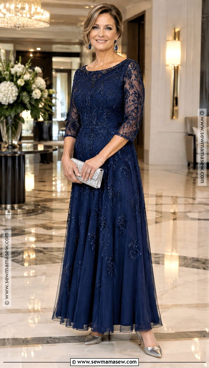 Navy Beaded A Line Mother Of The Bride Dress - 15 Mother Of The Bride Dresses For Fall Wedding