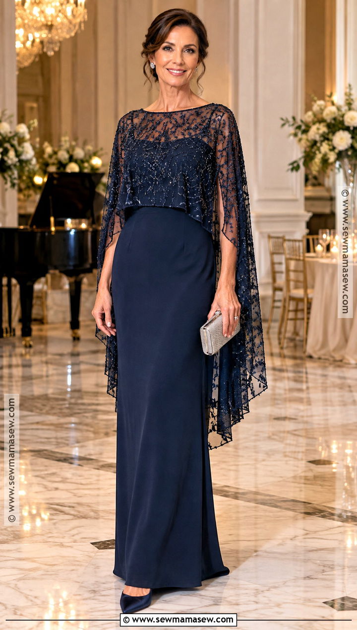 Navy Beaded Cape Mother of the Bride Dress - 25 fall mother of the bride dresses