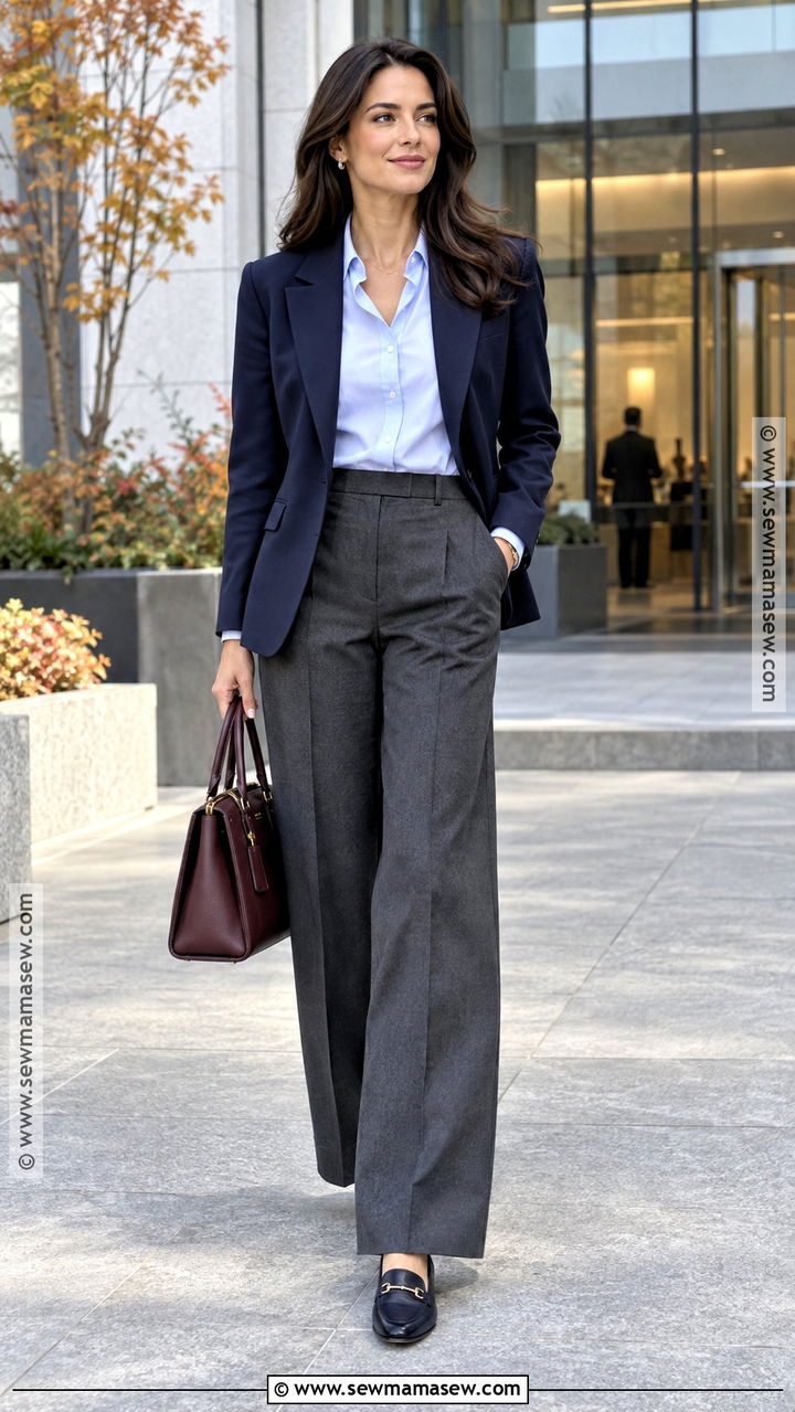 Navy Blazer And Gray Trousers Brunette Fall Outfit - 20 Brunette Fall Outfits