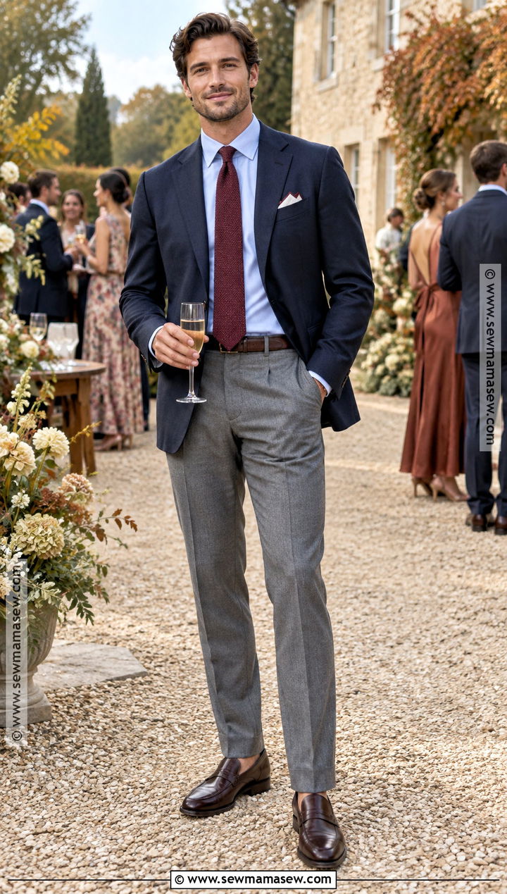 Navy Blazer And Gray Trousers Fall Wedding Guest Outfit - 20 mens fall wedding attire guest ideas