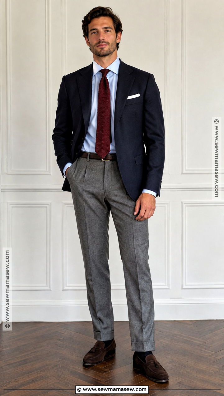 Navy Blazer And Gray Trousers Fall Wedding Outfit - 15 fall wedding outfit men guest ideas