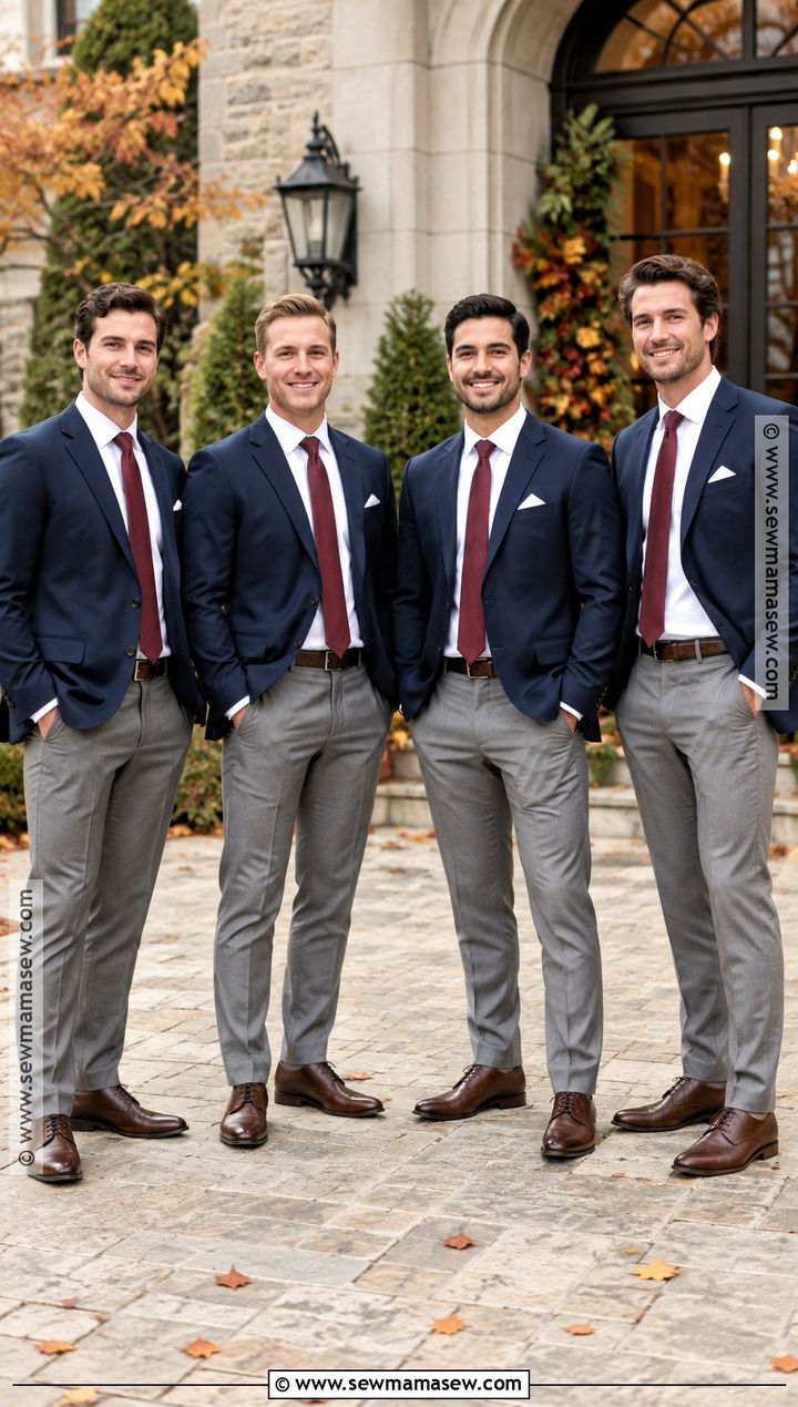 Navy Blazer And Gray Trousers Groomsmen Attire - 25 fall wedding groomsmen attire ideas