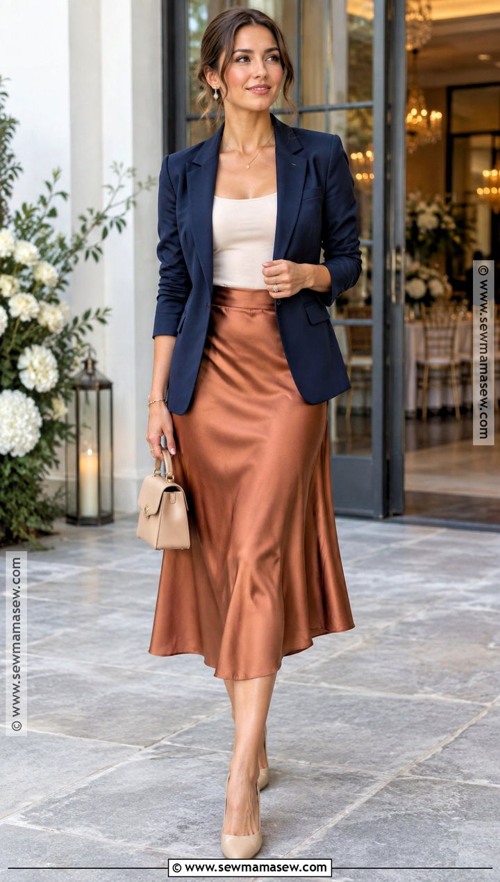 Navy Blazer And Satin Skirt Fall Wedding Guest Outfit - 25 semi formal fall wedding guest attire ideas