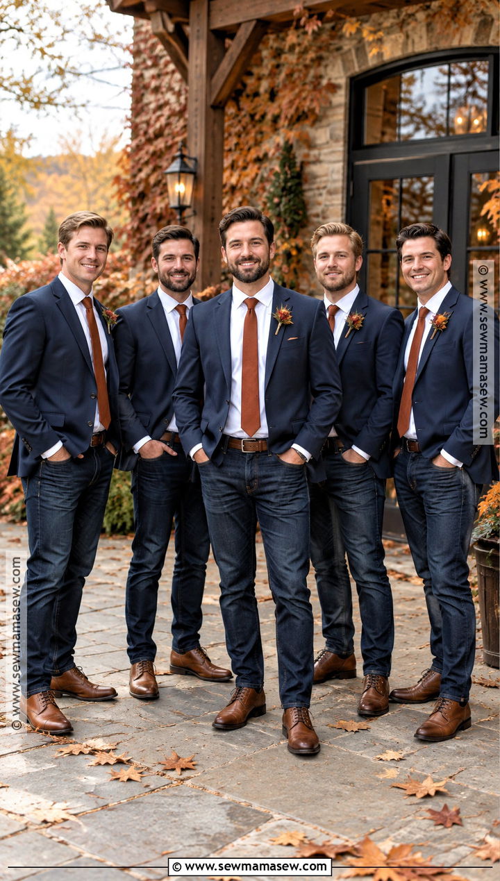Navy Blazer Groomsmen Outfit With Dark Jeans - 15 fall wedding groomsmen attire jeans