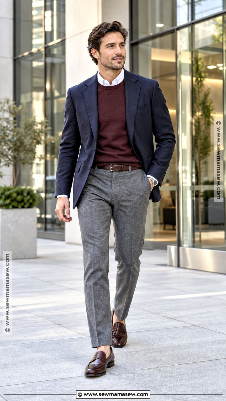 Navy Blazer With Crewneck Sweater and Gray Trousers - 20 fit inspo men autumn ideas
