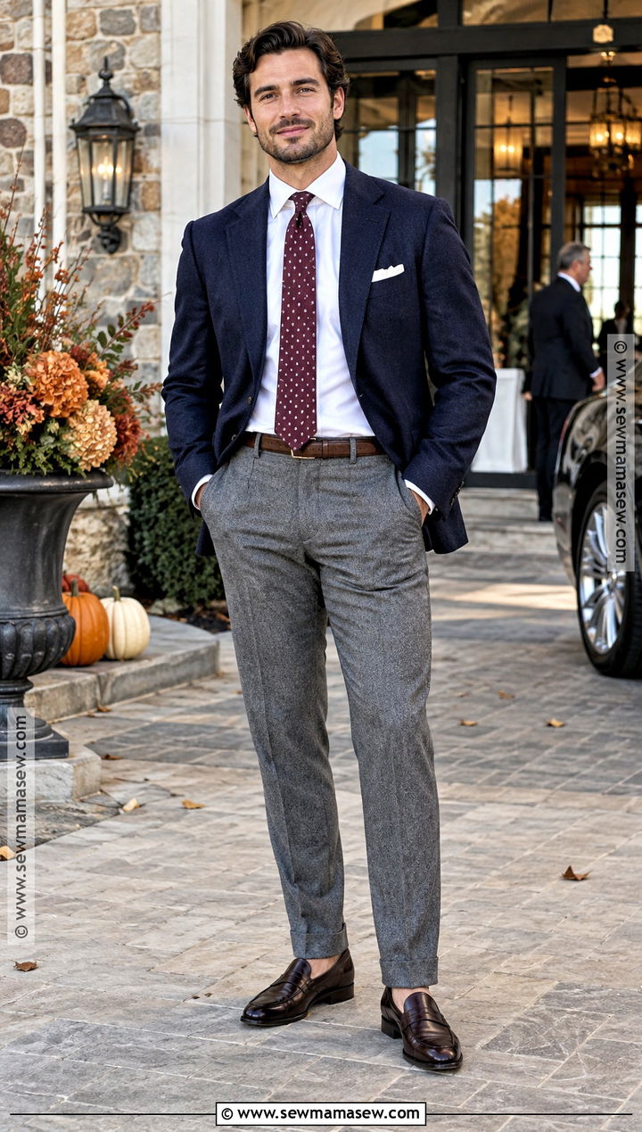 Navy Blazer With Gray Flannel Trousers - 15 mens fall wedding attire guest semi formal ideas