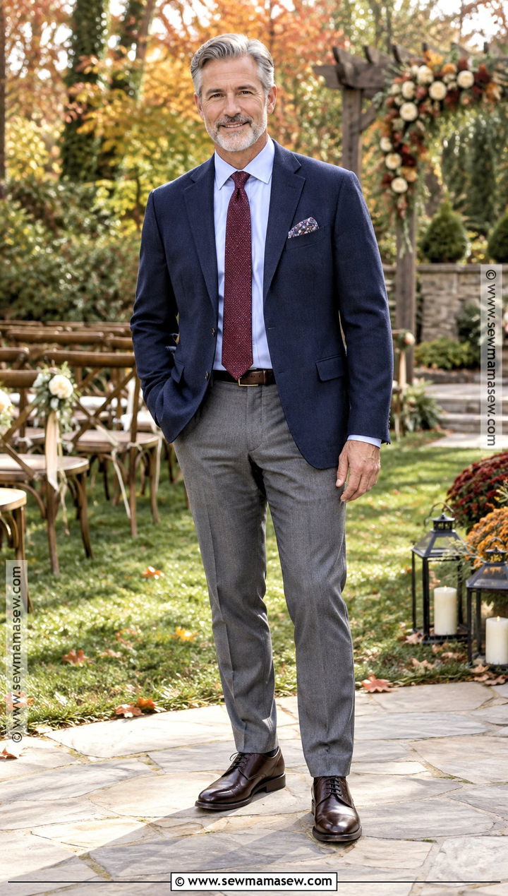 Navy Blazer With Gray Trousers For A Casual Fall Wedding - 15 Father Of The Bride Attire Fall Wedding Ideas