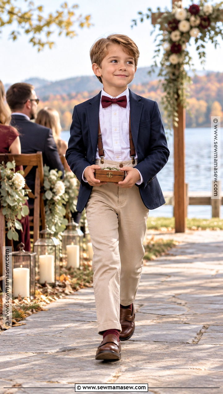 Navy Blazer With Khaki Pants And Suspenders - 15 ring bearer outfit fall wedding ideas