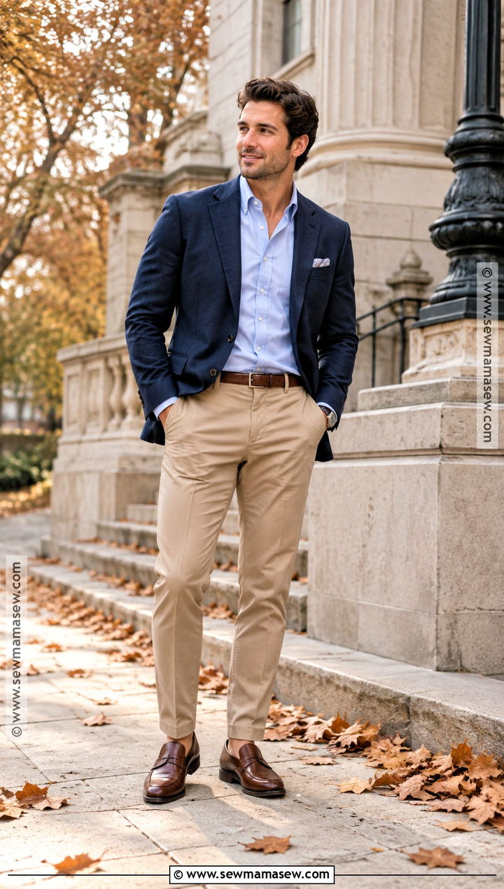 Navy Blazer With Oxford Shirt And Tan Chinos - 15 engagement photos outfits men fall